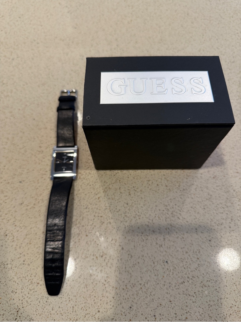 GUESS Black Leather Strap Men’s Watch with Silver Case